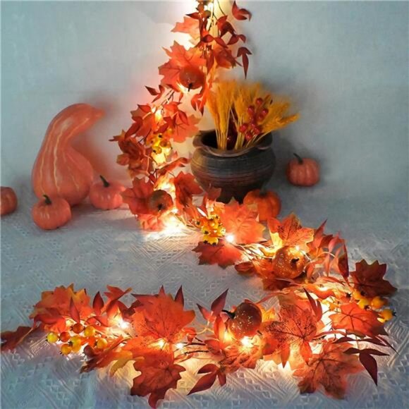 Fall Garland with Lights Timer 6.2FT Autumn Garlands Maple Leaves Pumpkin Berry - Picture 1 of 7